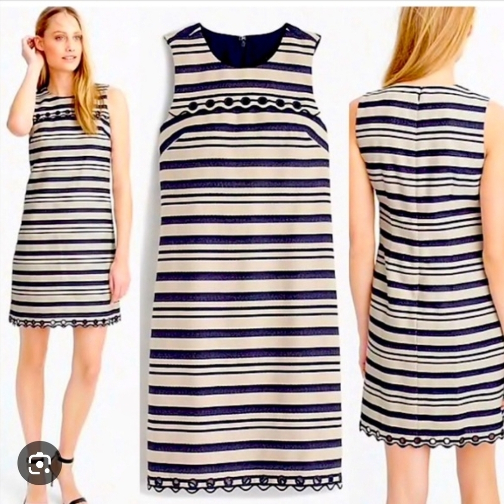 J. Crew Navy and Cream Striped Scalloped Shift Dress